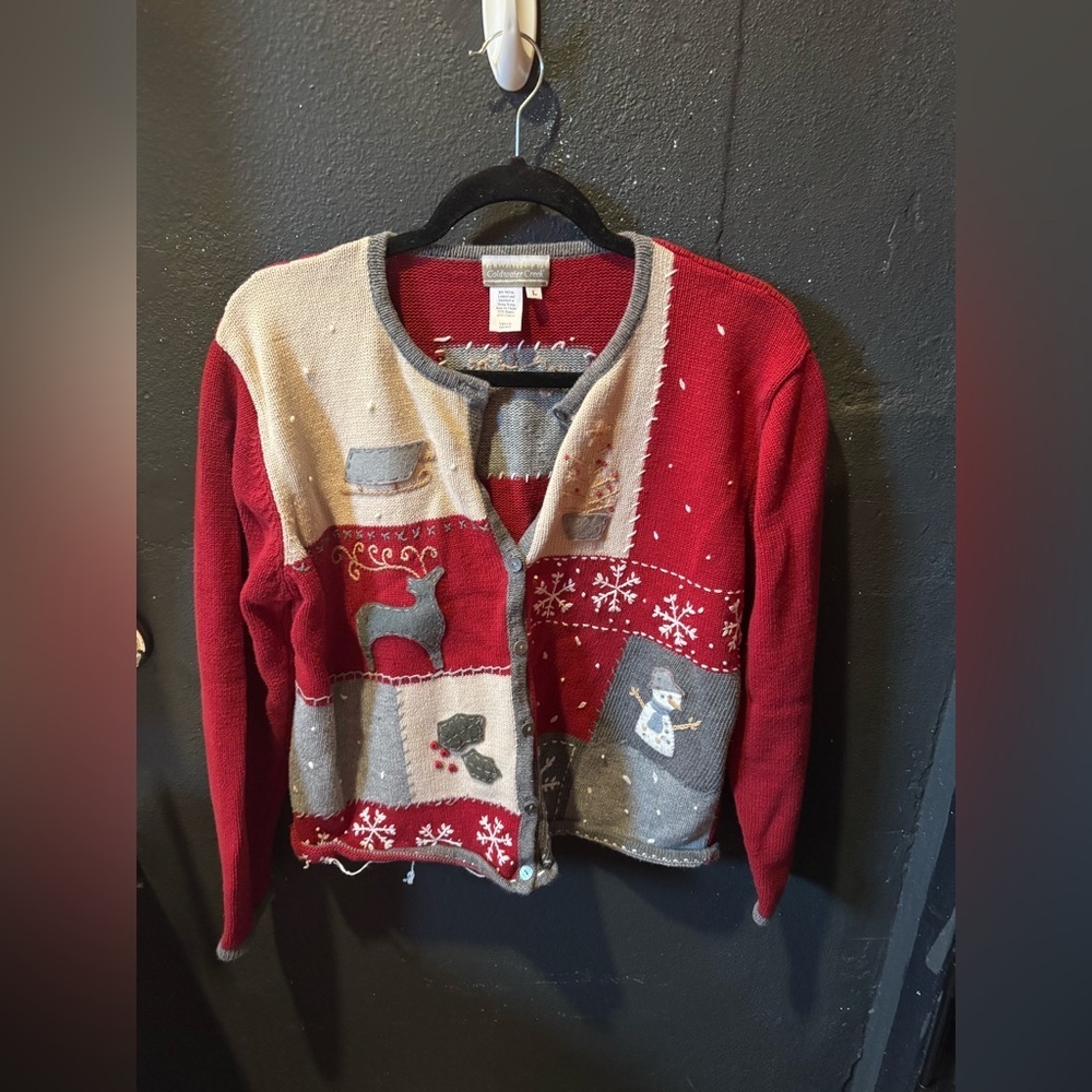 Coldwater Creek Red and Gray Holiday Cardigan Size Large